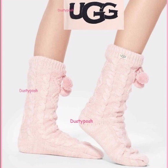 UGG Fleece Lined Pom Pom Socks Cozy Boot Cute Slippers Bed Red Womens Warm Gift - Picture 5 of 5
